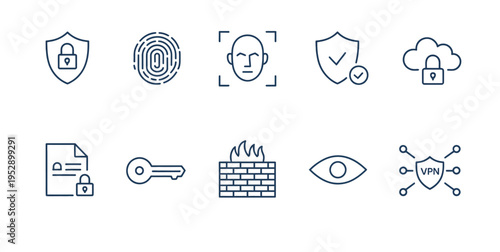 Cyber security icons: shield, fingerprint, face scan, key, firewall, eye, and VPN network