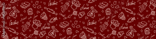 Bakery doodle pattern on brown background. Hand drawn pattern with pastry and cooking tools. Sketch illustration for cafe or restaurant menu and posters. Line art design. Vector illustration.