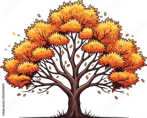 Vibrant orange tree with falling leaves in autumn yellow