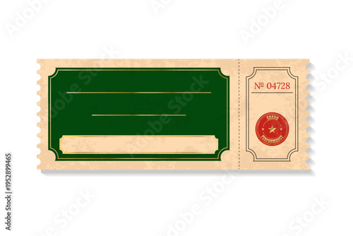 Vintage  ticket template  isolated on transparent background. Retro  coupon.Decorative element for cinema, party, event, festival.Realistic template in green and beige colours. Vector  illustration