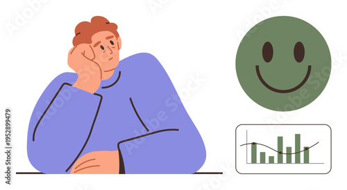 Mental health, emotional analysis, productivity tracking, data trends, decision making, behavioral studies. Person resting their head, happy face bar chart. Mental health and emotional analysis