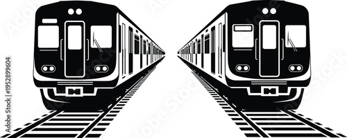 Modern metro train silhouettes facing each other on railway tracks, illustrating urban transportation, subway system, public transit, commuting, and travel infrastructure in minimal black style