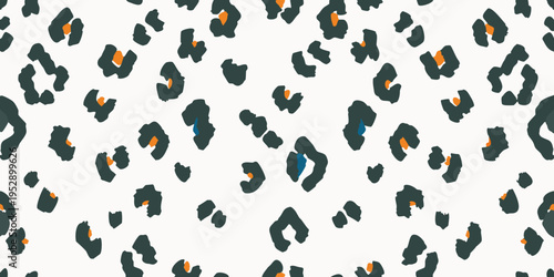 Abstract leopard print pattern with dark spots and orange accents