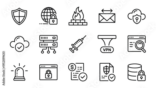 Essential cybersecurity and data protection line icons, featuring firewall, VPN, cloud security, and server for digital safety.