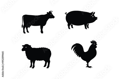Farm Animals Silhouette Icon Set - Cow Pig Sheep And Rooster Silhouettes