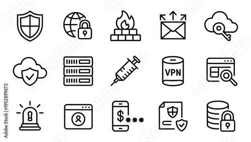 Comprehensive cybersecurity and data protection line icons, including firewall, VPN, mobile payment, and cloud key security.