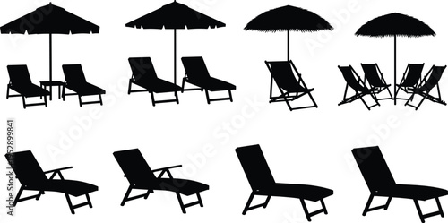 Silhouette collection of beach lounge chairs and umbrellas isolated on white background, representing summer vacation, relaxation, seaside resort, outdoor leisure, and travel lifestyle concept