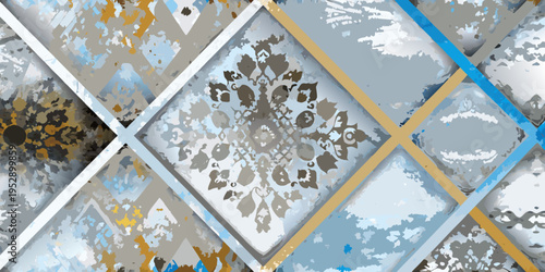 Abstract geometric pattern with floral motifs and textured diamond shapes