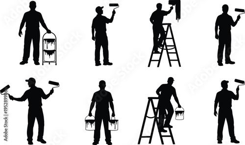 Painter worker silhouettes set with rollers, ladders, and paint buckets showing professional house painting, renovation tasks, decorating services,and maintenance activities in minimal black style