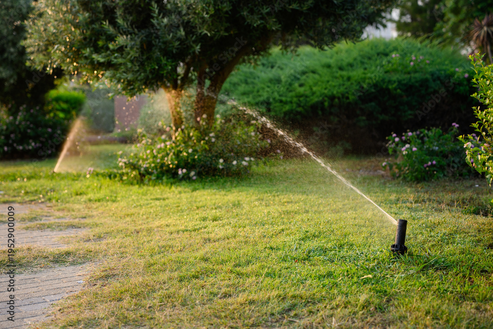 Obraz premium Lawn watering. Automatic sprinkler system moistens lush greenery of your backyard, creating rainbow when watered. Sprinkler system provides even spray of water for lawn care during hot summer months.