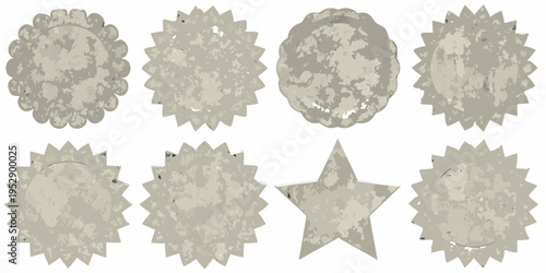Collection of weathered gray starburst and geometric shaped badges