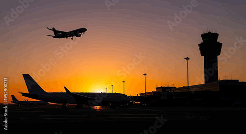 A vibrant sunset illuminating the silhouette of commercial aircraft at a busy international airport