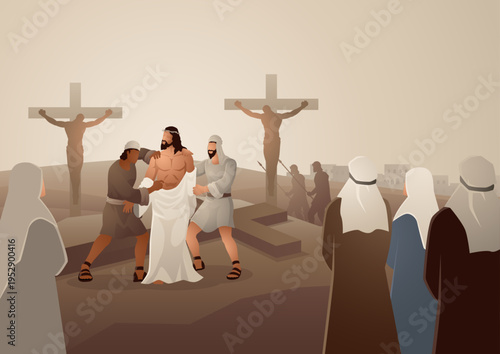 Biblical vector illustration series. Way of the Cross or Stations of the Cross, tenth station, Jesus is Stripped of His Garments.