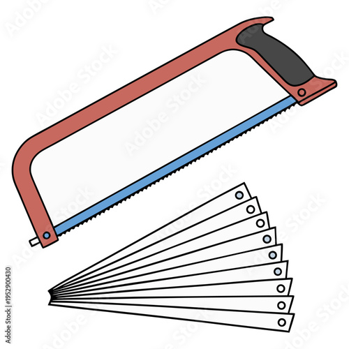 A vector illustration of a set of tools featuring a sharp metal saw with a plastic handle designed for construction and office work.