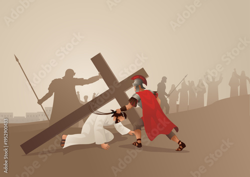 Biblical vector illustration series. Way of the Cross or Stations of the Cross, ninth station, Jesus Falls Under the Cross, Roman Soldier Whipping.