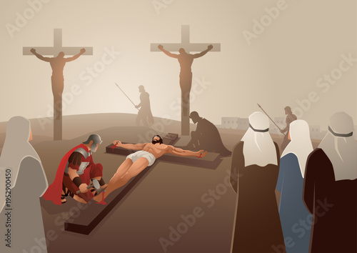 Biblical vector illustration series. Way of the Cross or Stations of the Cross, eleventh station, Jesus Nailed to the Cross, Crucifixion Scene.