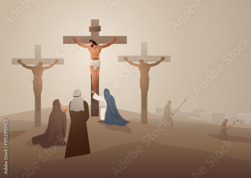 Biblical vector illustration series. Way of the Cross or Stations of the Cross, twelfth station, Jesus Nailed to the Cross, Crucifixion Scene.