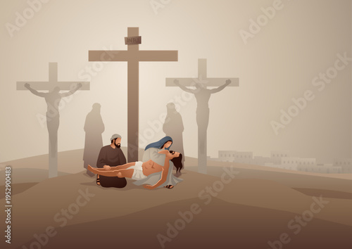 Biblical vector illustration series. Way of the Cross or Stations of the Cross, thirteenth station, Jesus is taken down from the cross, Crucifixion Scene.