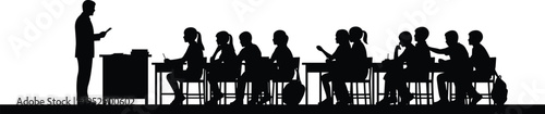 Silhouette of classroom with teacher and students sitting at desks, representing education, learning environment, school activity, academic training, and modern teaching concept