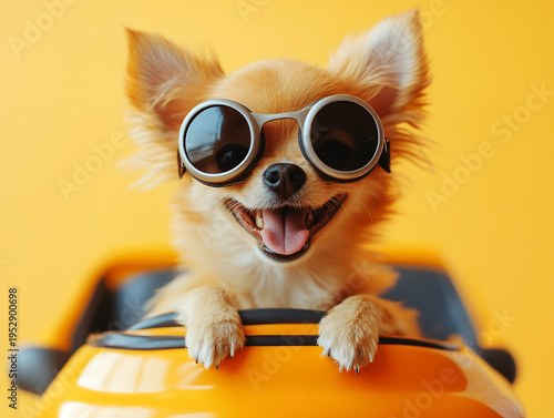 A cute long-haired chihuahua wearing sunglasses sits in a yellow toy car