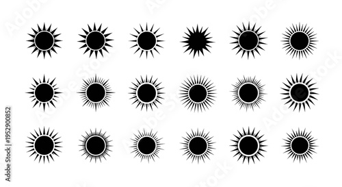 Collection of various black sun icons with different ray styles and shapes for graphic design use