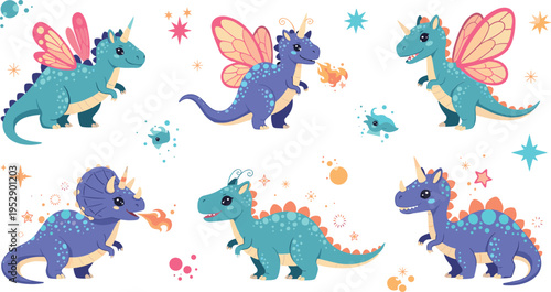 Cute fantasy dragon characters with wings and fire breath colorful cartoon creatures vector illustration set for kids design