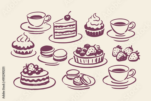 Dessert elements set outline sketch vector illustration
