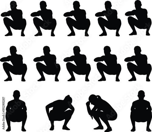 Squatting people silhouettes collection showing various human poses, body positions, fitness exercise movements, posture variations, and daily activity concepts isolated in minimal black style