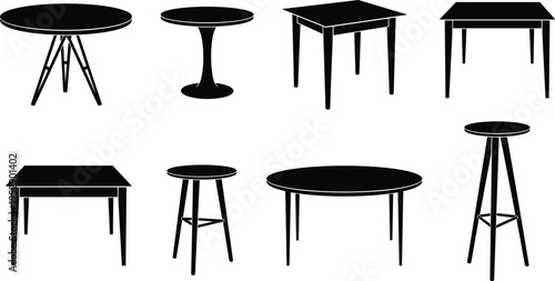 Table silhouettes collection featuring various furniture designs including dining, coffee, and side tables, illustrating interior decor, home furnishing, and modern minimal style in black