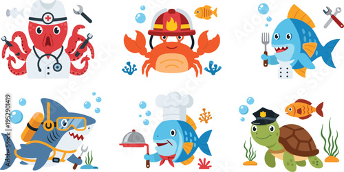 Cute sea animal professions vector set with octopus doctor crab firefighter shark diver chef fish and turtle police characters