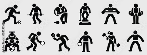 Silhouette icons depicting various fitness activities and exercises performed by individuals in different poses and actions. Silhouette  doing various outdoor activities hobbies and sports. Vector