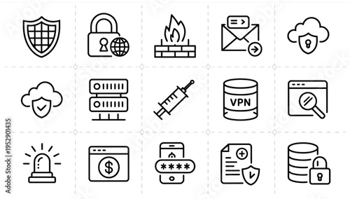 Essential cybersecurity and data protection line icons, featuring firewall, VPN, mobile payment, and secure financial transactions.