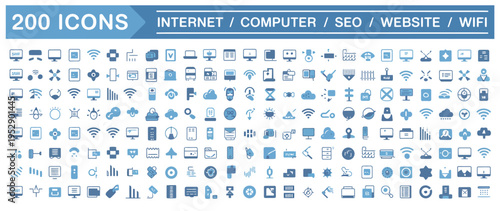 A vast collection of 200 modern internet, computer, SEO, website, and Wi-Fi icons in a clean blue fill style.