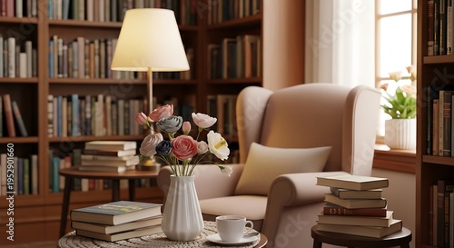 Wallpaper Mural Cozy reading nook with comfortable armchair and stacks of books Torontodigital.ca