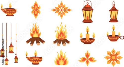 Diwali festival lamps and fire elements vector set with diya lantern candles and decorative flame illustrations collection design