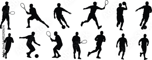 Tennis and soccer player silhouettes collection showing athletes in action poses, sports competition, training activity, fitness lifestyle, and game performance in minimal black style