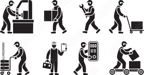 A set of eight simple black silhouette pictograms depicting various workers performing industrial tasks