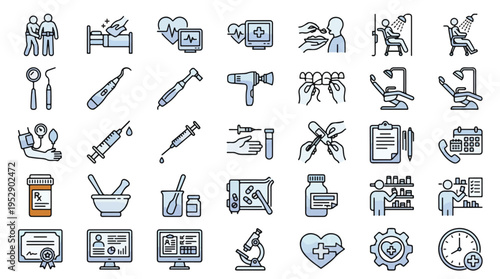 Medical and Healthcare Services Icon Set in Linear Style. A collection of Medical Icons, Including dentistry, pharmacy, patient care, nursing, laboratory, surgery, therapy