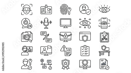Digital Security and Biometric Icon Set in Line Style. Collection of privacy linear icons, including facial recognition, fingerprint, eye scan, webcam, monitoring, and more. Editable stroke.