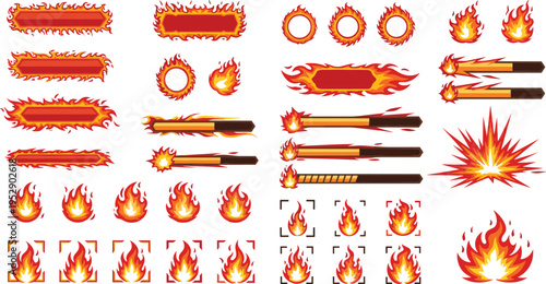 Fire effects and flame elements vector set with explosions burning frames motion trails and game animation assets collection