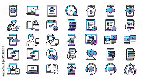 Online Education Icon Set in Linear Style. A collection of Online Learning Linear Icons, Including graduation, student, book, video, certificate, quiz, sync, and more. Editable Stroke.