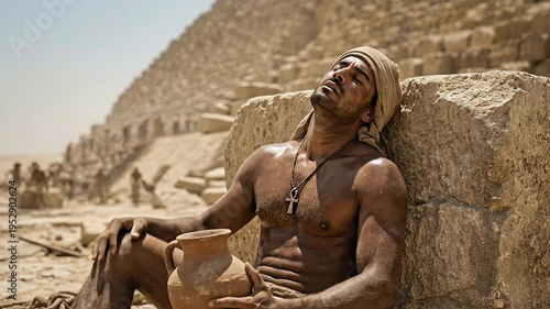 Exhausted Egyptian Pyramid Builder Resting Against Stone Wall in Desert Sun Muscular Shirtless Worker Ancient Egypt Construction Labor Heritage Cinematic