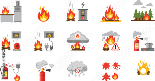 Fire safety and hazard icons vector set with flames extinguishers warnings electrical risks and emergency prevention illustration collection