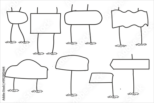 Signage Variety: Diverse assortment of blank signs, poised to guide and inform. Each unique form offers a fresh slate for messages. This collection provides varied shapes for versatile uses.