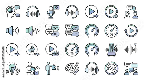 Audio and Language Icon Set in Linear Style. A collection of linear icons including sound, communication, listening, translation, podcast, speed, playback, brain, waveform, volume, speaker