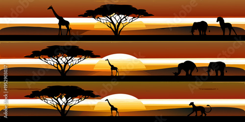African savanna scene with giraffes elephants and acacia trees