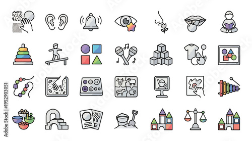 Sensory Development Icon Set in Linear Style. Collection of early education Linear Icons, including five senses, stacking toys, blocks, puzzles, motor skills, reading, and more. Vector art.