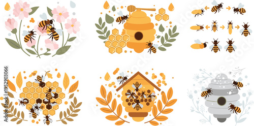 Honey bee and beehive vector set with flowers honeycomb swarm elements and natural pollination illustration collection design