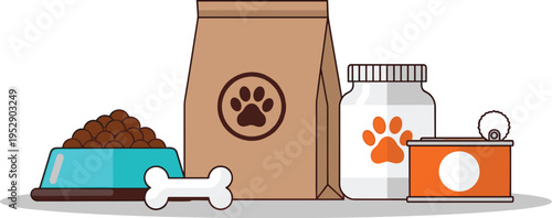 Pet food supplies set with dog kibble bowl bone and packaging, animal care products in flat vector illustration style