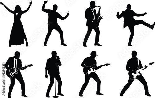 Black silhouettes of musicians and dancers performing with guitar saxophone and microphone isolated on white background for live concert event poster